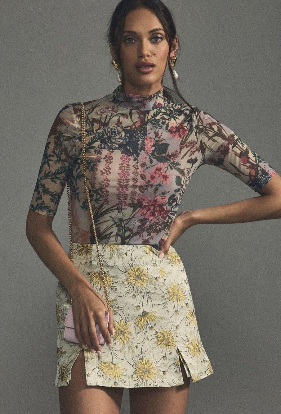 ANTHROPOLOGIE Floral Patchwork Sheer Mesh Mock Turtleneck Blouse Top Shirt Sz L